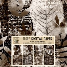 a collage of leaves and other things in black and white, with the words'flozz decoupge paper '