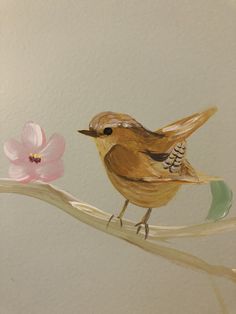 a painting of a bird sitting on a branch next to a flower