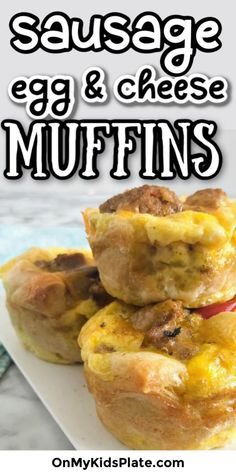 sausage egg and cheese muffins stacked on top of each other with text overlay