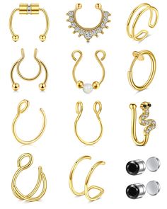 six pairs of gold nose rings with different shapes and sizes, all in different styles