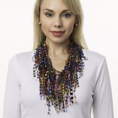 "Beaded Scarf Necklace - A rainbow of colors including blue, red, yellow, orange, etc. making it ideal to wear with most anything. The Scarf Necklace by ScarfLady is like an infinity scarf without the warmth and chunky jewelry without the weight. Made in a circle/loop design with a circumference of 75 inches (32-33 when doubled and extended), it can be worn several different ways to fit all sizes and body shapes, and weighs less than an ounce (22 gms) - like a feather. View the instructional vid Rainbow Multi-strand Necklace As Gift, Rainbow Multi-strand Necklace For Gift, Rainbow Multi-strand Jewelry For Gifts, Rainbow Multi-strand Necklace Gift, Multicolor Multi-strand Jewelry For Party, Multicolor Multi-strand Party Jewelry, Unique Multicolor Beaded Necklaces For Celebrations, Artsy Multicolor Beaded Jewelry, Adjustable Multicolor Necklaces For Party