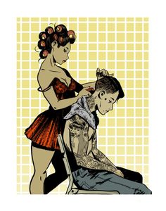 a woman getting her hair done by a man with tattoos on his arm and shoulder