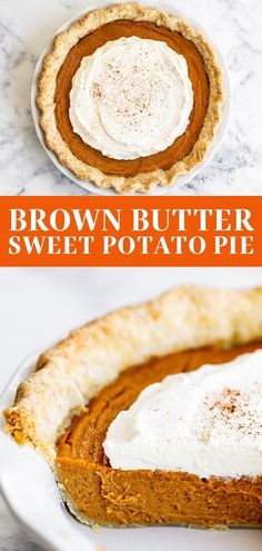 a slice of brown butter sweet potato pie with whipped cream on top