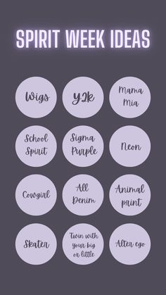 some type of stickers that say spirit week ideas in different font styles and colors