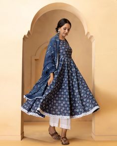 Cotton Blue Printed Anarkali Suit Set with Dupatta Printed Anarkali Suits, Cotton Anarkali Suits, Printed Anarkali, Cotton Anarkali, Palazzo Suit, Printed Dupatta, Anarkali Kurta, How To Hem Pants, Anarkali Suit