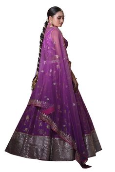 Purple attached cancan lehenga with gold floral woven patterns and sequin border. Comes with matching padded blouse and net embellished dupatta. - Aza Fashions Cancan Lehenga, Lehenga And Blouse, Purple Lehenga, Brocade Lehenga, Padded Blouse, Blouse Silk, Silk Brocade, Gold Floral, Set For Women