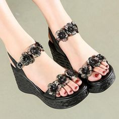 Funky Shoes, Summer Heels, Platform Wedge Heels, Girly Shoes, Floral Retro, Black Wedge Sandals, Peep Toe Sandals, Platform Sandals Heels, Leather High Heels