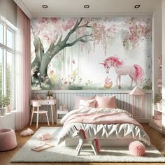 a bedroom decorated in pink and white with a unicorn mural