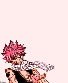 an anime character with pink hair sitting on the ground and holding his arm up in front of