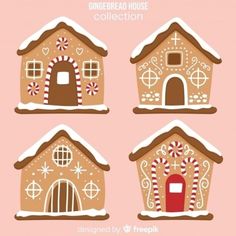 three gingerbread houses with candy canes on them