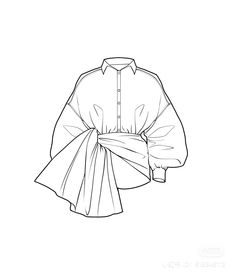 a black and white drawing of a shirt with a tie around the waist, on a white background