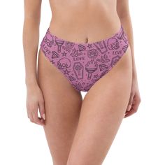 Summon summer vibes with Goth Cloth Co.'s Punk Love Bikini Bottom. Featuring a daring pattern of skulls, coffins, stars, flowers, "LOVE," and torches on a pink background, these bottoms blend gothic elegance and punk rock flair, perfect for beach and poolside adventures. Key Features: Recycled polyester fabric: Made from 88% recycled polyester and 12% elastane in the EU, or 81% REPREVE recycled polyester and 19% LYCRA XTRALIFE in MX, providing a soft, stretchy fit. Double-layered construction: Ensuring comfort and support for all figures. Zig-zag stitching: For added durability and style. Mix and match: Pair with different bikini tops for a trendy look. Tear-away care label: Making it easy to remove any tags. UPF 50+: Maximum sun protective rating achievable for fabrics. These bottoms are Fitted Graphic Print Beach Bottoms, Fitted Graphic Print Bottoms For The Beach, High Waist Fitted Swimwear For Festivals, Fitted Halloween Swimwear For Pool, High Waist Swimwear For Beach Festival, Punk Love, Pink Tattoo, Gothic Elegance, Flowers Love