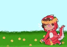 a cartoon character sitting on the ground in a red costume with flowers around his head