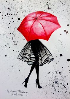 a drawing of a woman holding an umbrella in the rain with black dots on it