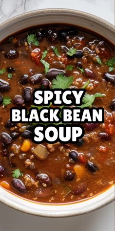 spicy black bean soup in a white bowl on a marble countertop with the words spicy black bean soup above it