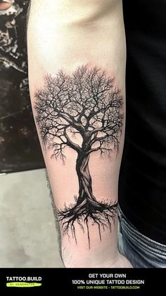 a man with a tree tattoo on his arm is shown in black and grey colors