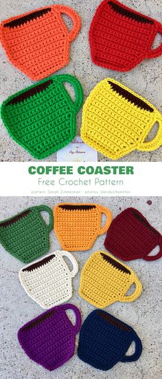 crocheted coffee mug cozyies with the text, coffee coaster free crochet pattern