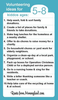 a list with the words volunteering ideas for kids ages 5 - 8 on it