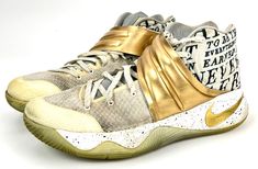 Nike Gold High-top Sneakers, Nike Gold High-top Custom Sneakers, Casual Gold Basketball Shoes With Boost Midsole, Gold Low-top Casual Basketball Shoes, Gold Leather Basketball Shoes, Casual Gold Low-top Basketball Shoes, Gold Leather Round Toe Basketball Shoes, Gold Lace-up Basketball Shoes, Nike Kyrie