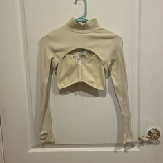 *Nwt* *Never Worn* Zara Cream Long Sleeve Crop Top / 2 Piece Top / Cut Outs For Thumbs Stretch Cream Top By Zara, Cream Stretch Top By Zara, Zara Casual Long Sleeve Cropped Sweater, Zara Cream Stretch Top, Zara Cropped Knit Top, Zara Cream Open Knit Tops, Fitted Beige Zara Crop Top, Beige Fitted Long Sleeve Crop Top, Wrap Halter Top