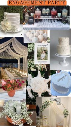 a collage of photos with wedding cakes and flowers on them, including an orange sign that says engagement party