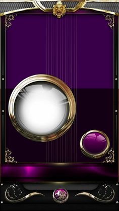 a purple and gold frame with a white ball in it's center on a black background