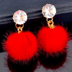 Fuzzy Pom-Pom Plush Fur Rhinestone Earrings Size: 3 Cm X 7.5 Cm Material: Copper Alloy Red Crystal Round Earrings, Gold Earring Cuff, Fur Earrings, Gold Feather Earrings, Coach Earrings, Red Fur, Dazzling Earrings, Gold Heart Earring, Rectangle Earrings