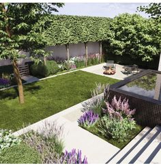 an artist's rendering of a garden with grass and flowers