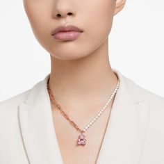 Raise a smile with this playful teddy bear pendant. The heart-warming design is worn on a necklace of Swarovski Crystal Pearls and a rose gold-tone plated chain with a teddy motif embellished with pink crystals. At its center, the teddy holds a pink Swarovski Zirconia dancing stone that provides constant light-catching motion. Wear yours with a matching bracelet to complete the set. Teddy Pendant, Teddy Bear Pendant, Swarovski Jewelry Necklace, Bear Pink, Pink Watch, Zodiac Bracelet, Pink Swarovski, Bear Necklace, Bear Pendant