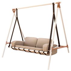 a white and brown swing chair with two seats on it's back legs,