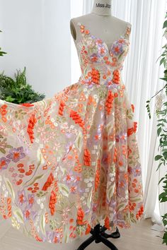 MissJophiel Straps V Neck Corset Floral Embroidery Midi Dress Floral Embellished V-neck Gala Dress, Floral Embellished V-neck Dress For Gala, V-neck Gala Dress With Floral Embroidery, Orange V-neck Dress For Prom, Spring V-neck Embroidered Dress For Wedding, Spring Prom Dress With Intricate Embroidery, Spring Wedding Embroidered Dress With V-neck, Orange Floral Embroidered Dress For Wedding, Spring Wedding Embroidered V-neck Dress