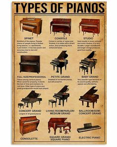 an old poster with many types of pianos