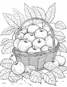 a basket full of apples with leaves around it