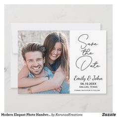 save the date card with an image of a man and woman hugging in front of them