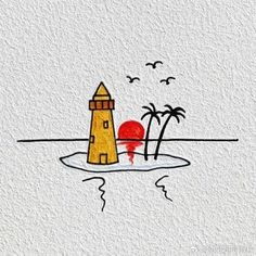 a drawing of a lighthouse and palm trees on a white paper with red paint splattered