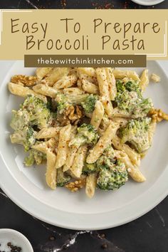 broccoli pasta on a white plate with text overlay