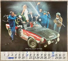 a calendar with an image of people and a car