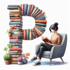 a woman sitting in a chair reading a book next to a giant letter made out of books