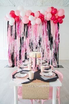 Poodle Party Backdrop-Backdrops-Oh My Darling Party Co Black Fringe Backdrop, Poodle Party, Backdrop Pink, Elegant Backdrop, Chic Bridal Showers, Fringe Backdrops, Chic Aesthetic, Party Backdrop, My Darling