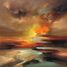 an abstract painting with oranges, yellows and browns in the sky over water