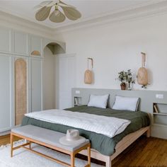 a bedroom with white walls and wooden floors, a bed in the middle has green blankets on it