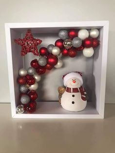 a snowman in a box with ornaments around it