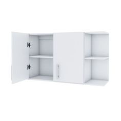 a white cabinet with three shelves and two doors on the front, one door open