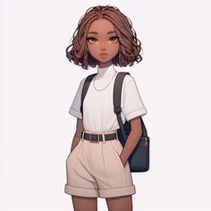 an animated girl with brown hair wearing shorts and a white t - shirt is standing in front of a white background