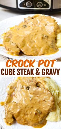 crock pot cube steak and gravy on a plate