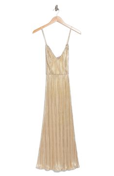 Make an elegant appearance in this metallic plissé midi dress tethered by slim criss-cross straps. Slips on over head V-neck Adjustable straps Lined 95% polyester, 5% spandex Hand wash, dry flat Imported Elegant Metallic Maxi Dress For Summer, Elegant Metallic Summer Maxi Dress, Chic Gold Maxi Dress With Spaghetti Straps, Gold Maxi Dress With Spaghetti Straps For Summer, Elegant Gold Midi Dress With Spaghetti Straps, Gold Spaghetti Strap Midi Dress, Gold Spaghetti Strap Maxi Dress For Summer, Elegant Strappy Evening Maxi Dress, Elegant Strappy Maxi Dress For Party