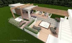 an artist's rendering of a patio with seating and flowers on the grass area