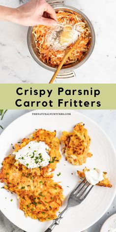 crispy parsnip carrot fritters on a plate with a fork