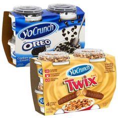 yogurt and cereal are shown in two boxes, one with chocolate chips on top