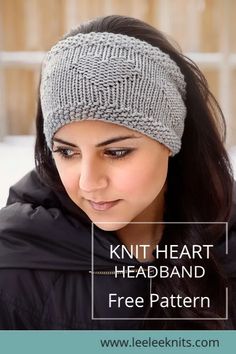 a woman wearing a knit headband with text overlay that reads, knit heart headband free pattern